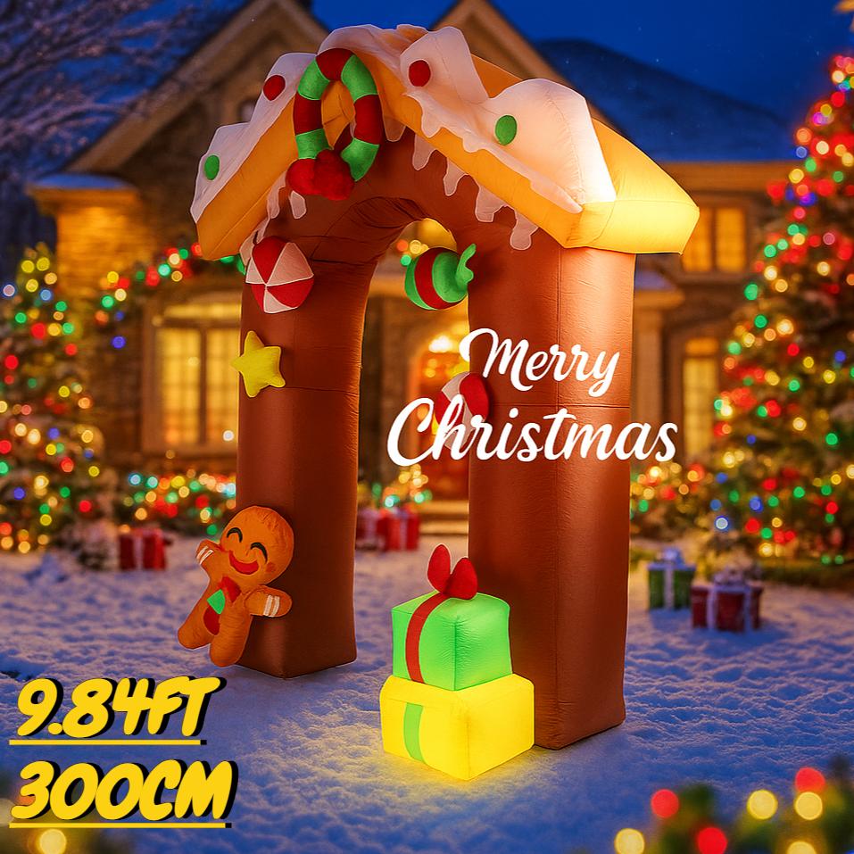 9.84FT Inflatable Toy Gingerbread House Arch with LED Lit Xmas Yard Lawn Party Decoration Christmas Home Supplies Ornament Gifts
