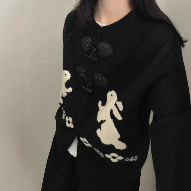 American Retro Rabbit Jacquard Lapel Sweater Knitted Cardigan Women s Loose Design Niche Thickened Casual Jacket Onesize чёрный