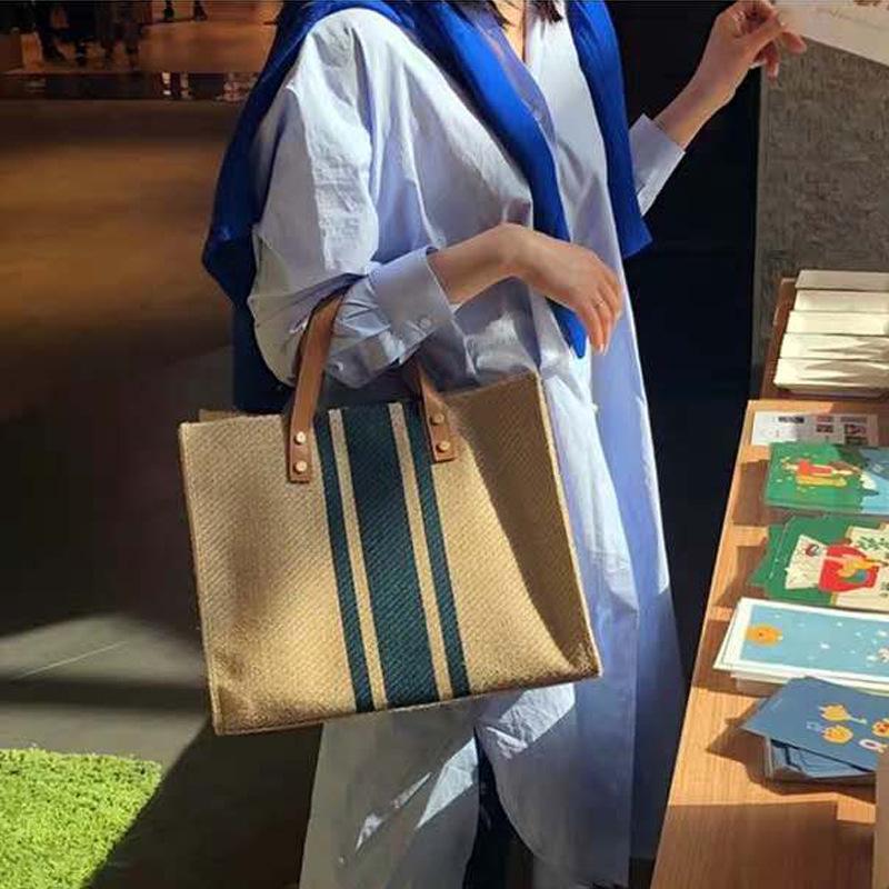 Korean Style Striped Canvas Shoulder Briefcase for Women
