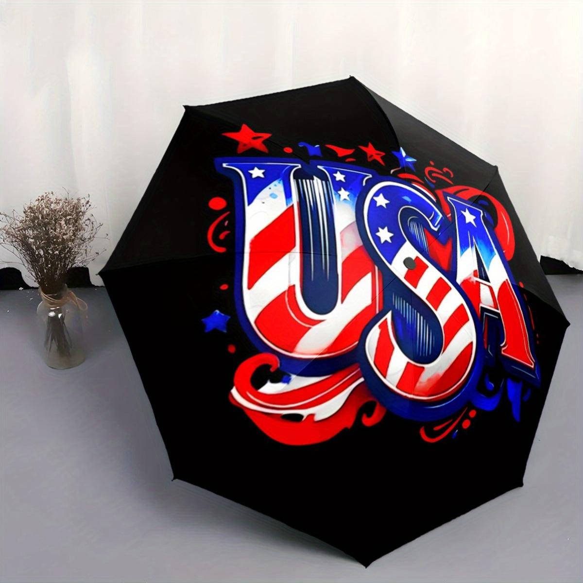 

Patriotic USA Folding Umbrella with Stars & Stripes Design - Automatic Open, 8-Rib Durable Frame, Compact Portable for Travel, (as the picture,Iron&8K)