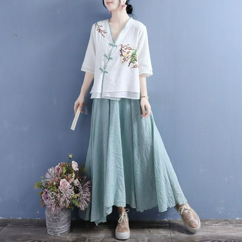 Three-quarter-sleeved Cotton and Linen Shirt Women's Literary Retro Embroidery Loose and Thin Cotton and Linen Color Matching Blouse Summer