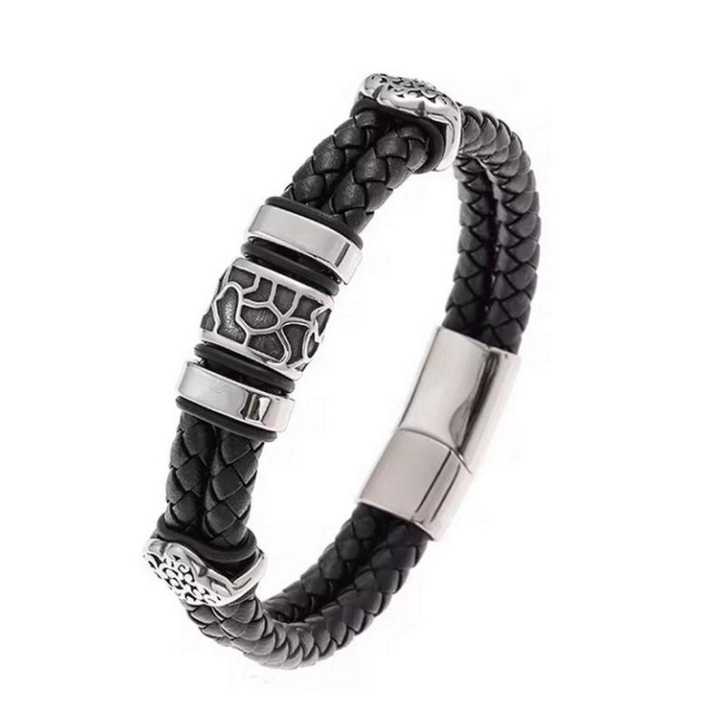 

Vintage Gothic Magnetic Clasp Cuff Bangle Hand Accessories Carved Metal Beaded Charm Braided Leather Bracelet for Men 21.5cm чорний
