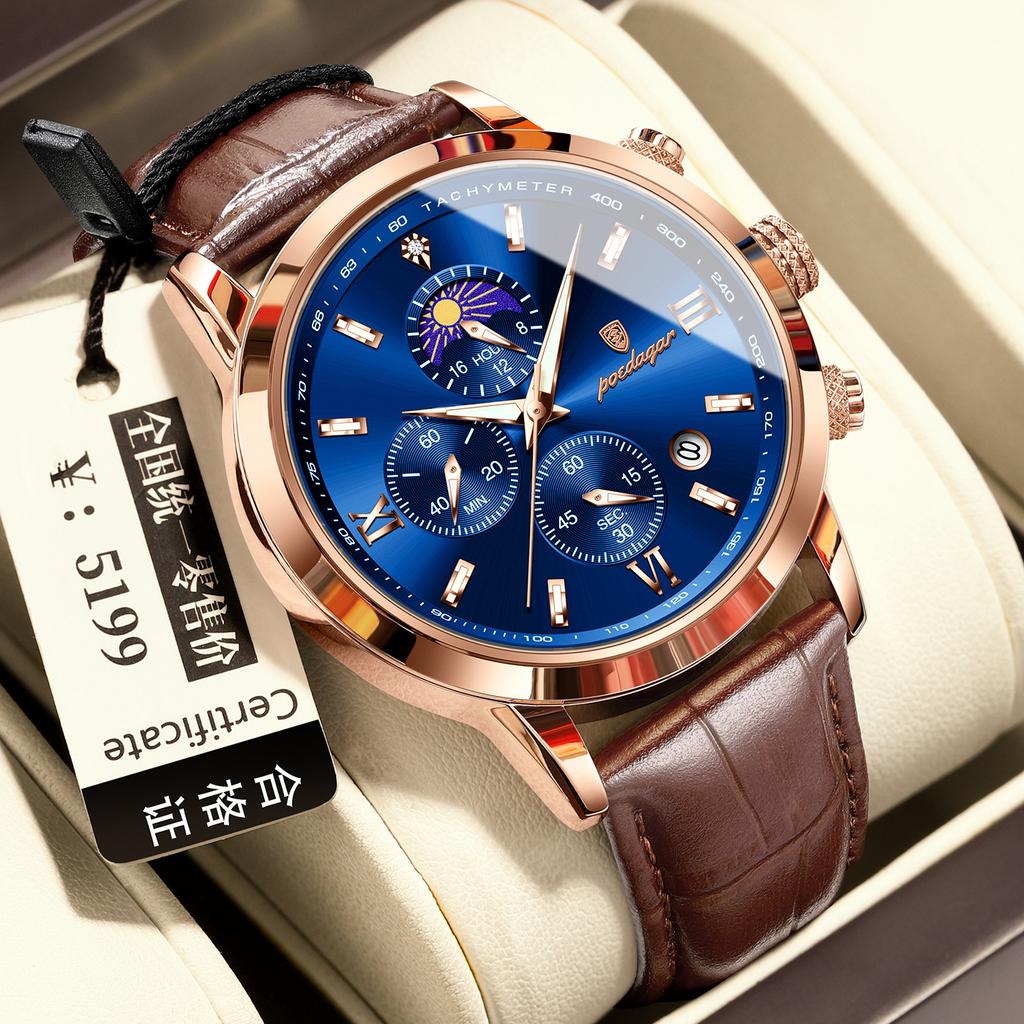 POEDAGAR National Top Swiss Brand Multifunctional Sports Chronograph Moon Phase Men's Watch Quartz Watch