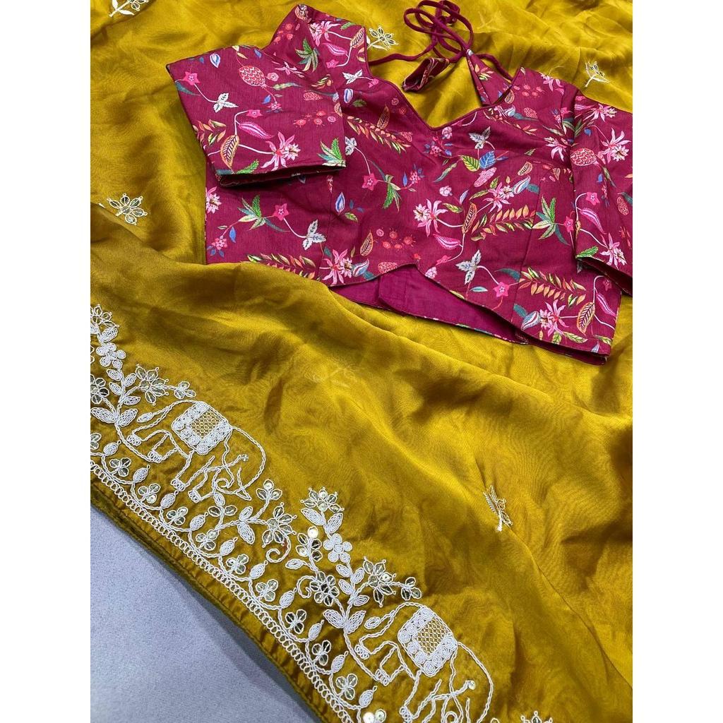 Party Wear Premium Rangoli Silk Saree – Elegant Wedding Collection with Embroidery Lace Border & Digital Print Blouse