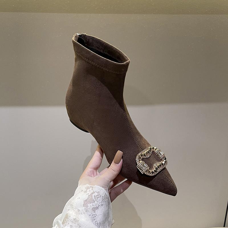 Inner height increase pointed thin boots short boots women's autumn and winter new suede elastic boots French foreign versatile small naked boots