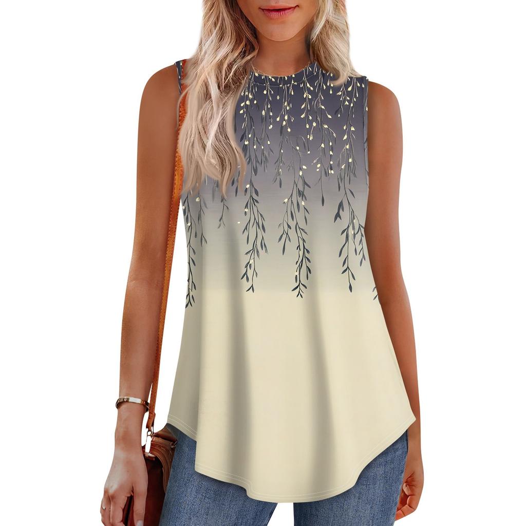 Women's Fashion Casual Sleeveless Vest Vintage Print Crew-neck Sleeveless Top