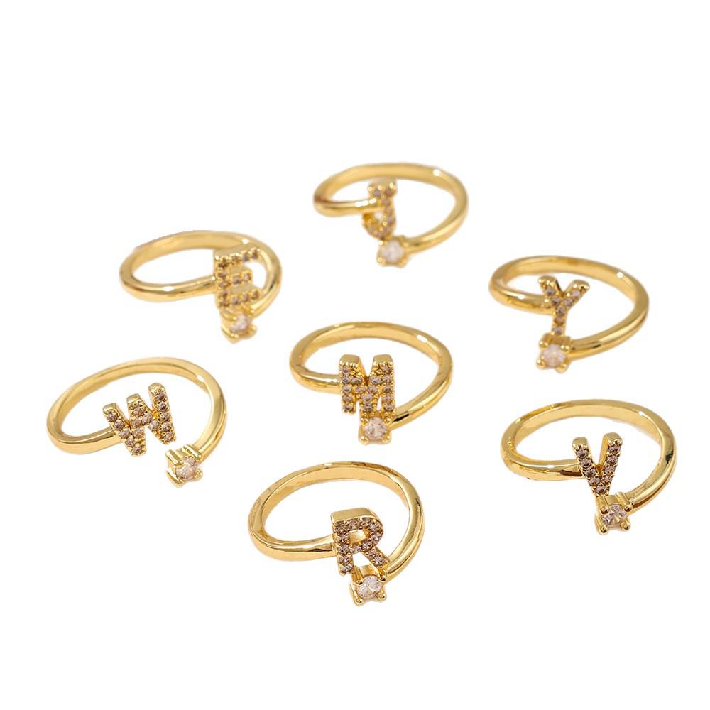 Copper Inlaid Zircon Alphabet Ring: Women's Fashionable Adjustable Open Ring