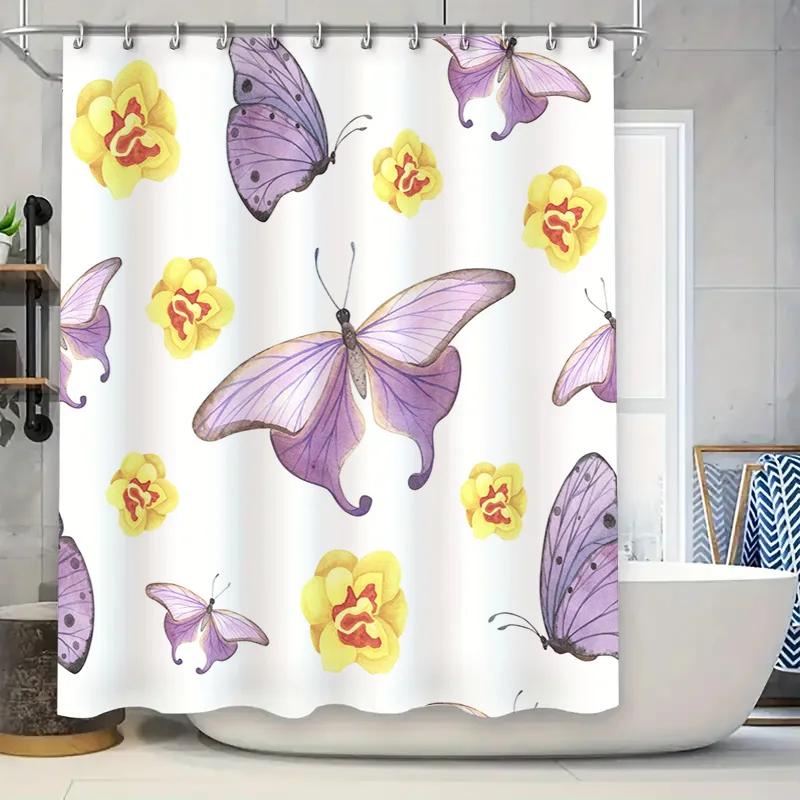 

Elegant Butterfly Flower Print Shower Curtainwaterproof Home Decor For Bathroom Decorations Pink Purple Yellow Red White Wall Ha W60H190(CM)-1 Pcs