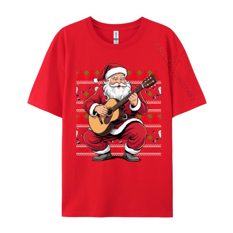 Santa Playing Guitar Funny Christmas Classic Guitar Santa T-Shirts Autumn 100% Cotton Top T-Shirts Student Tee Shirts