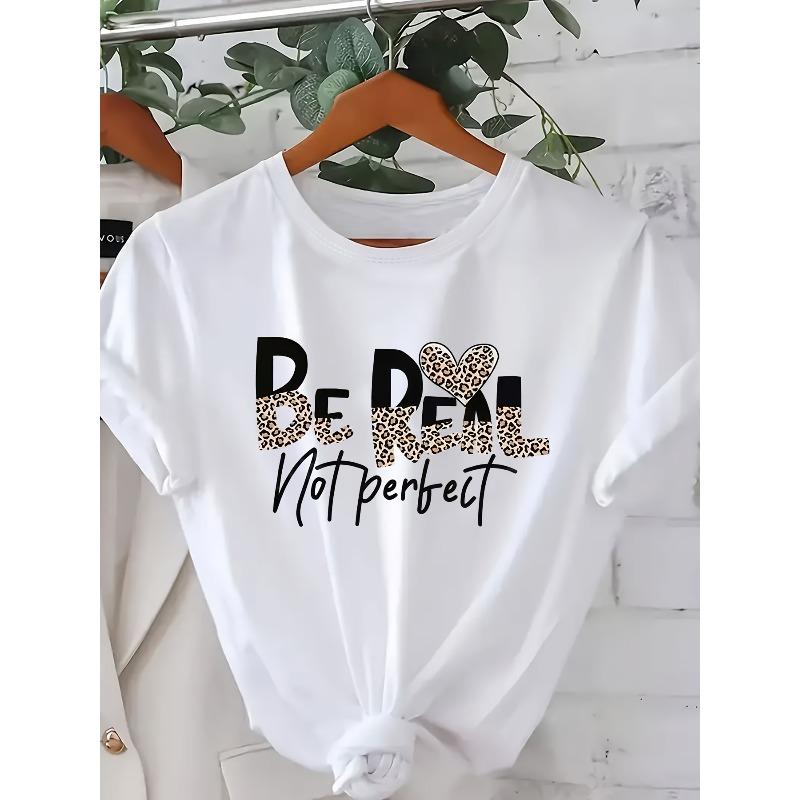 European Size Plus Size - Plus-Size Elegant Letter Heart Print T-Shirt, Casual Round Neck Short Sleeve Top