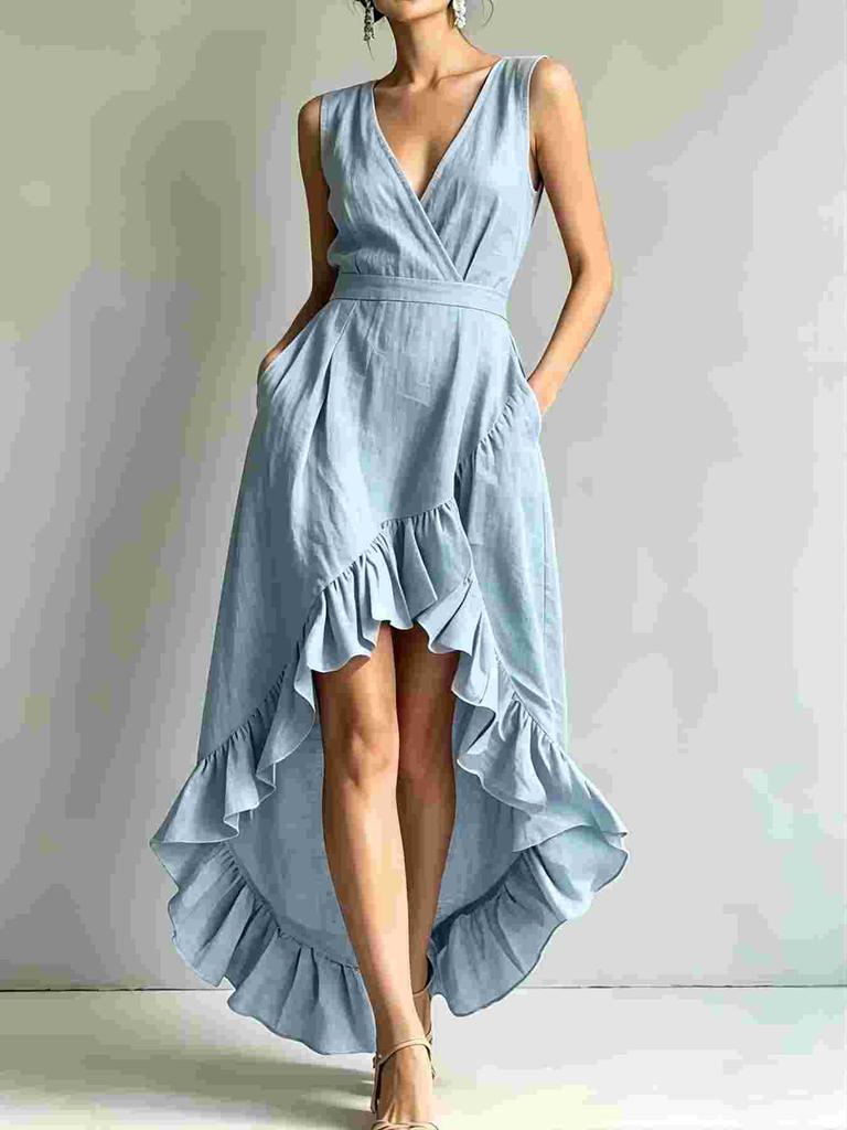 Damen V-Ausschnitt Ärmellos High-Low Rüschensaum Maxikleid Lässig Sommer Sonnentuchkleid