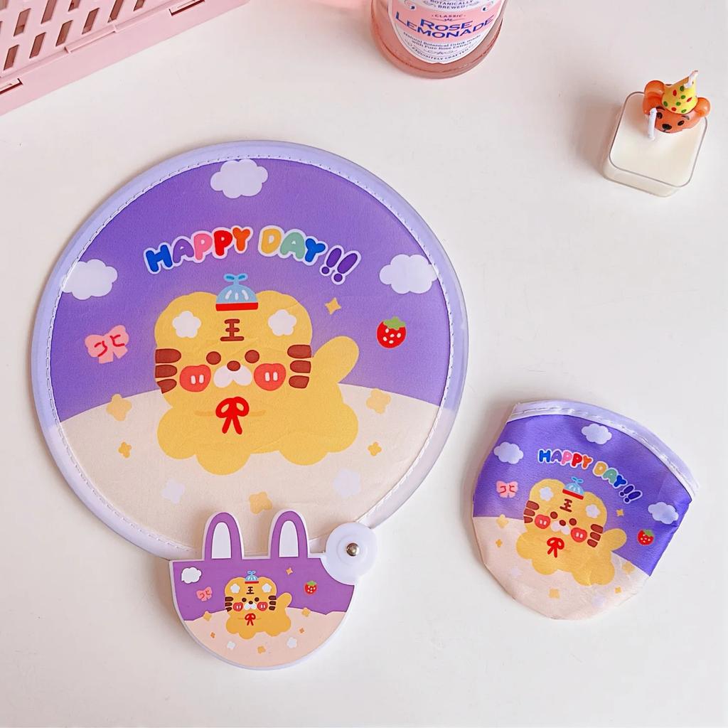 Lovely Japanese Folding Round Fan Summer Portable Mini Cartoon Handle Cloth Net Red