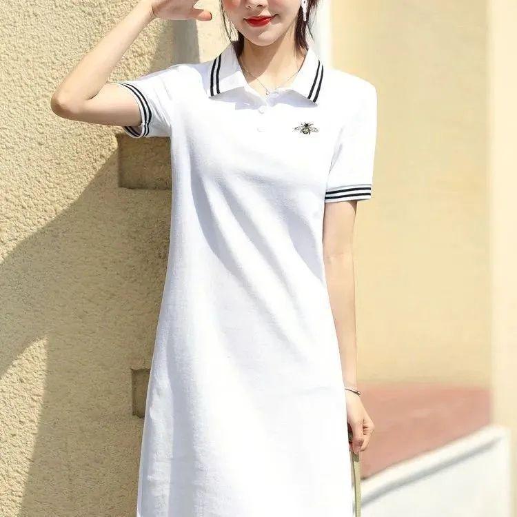 Summer Embroidered Short Sleeve Polo Collar Dress - Women's Loose Plus Size A-line Mid Skirt, College Style Color Block Design