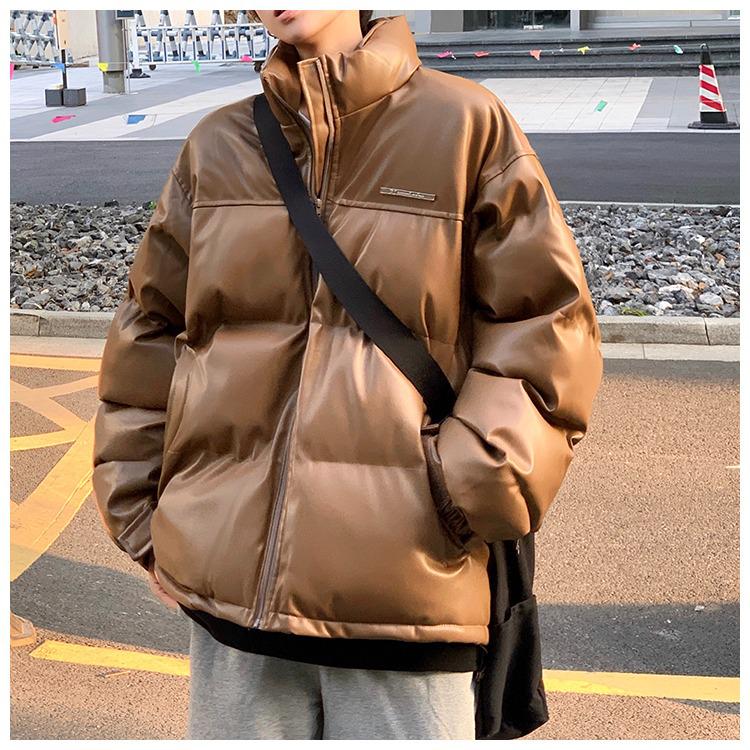 

Men s Winter PU Leather Stand Collar Jacket - Brown/Black, Waterproof, Warm, Padded, Trendy, and Loose-Fitting M коричневий