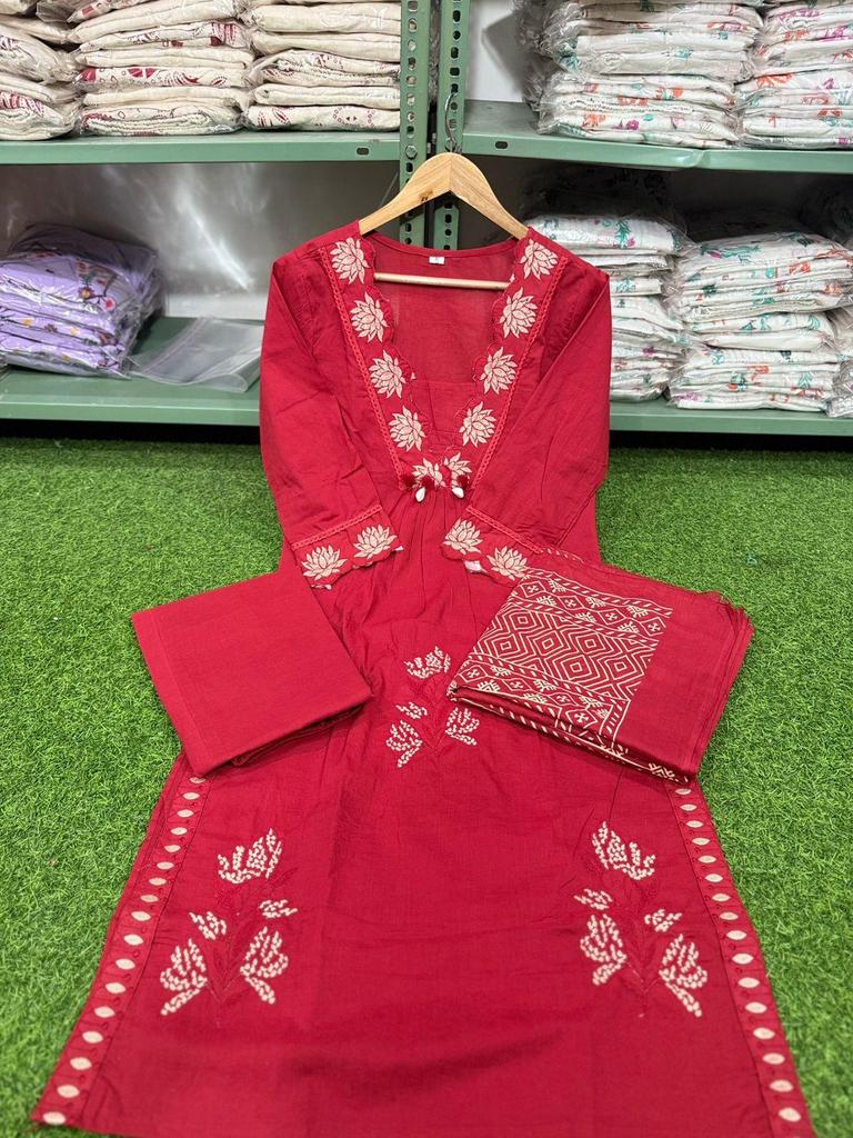 Beautiful Cotton Fabric Kurta Pant Dupatta Set Women Indian Bollywood Top Tunic Kurti Salwar Suit