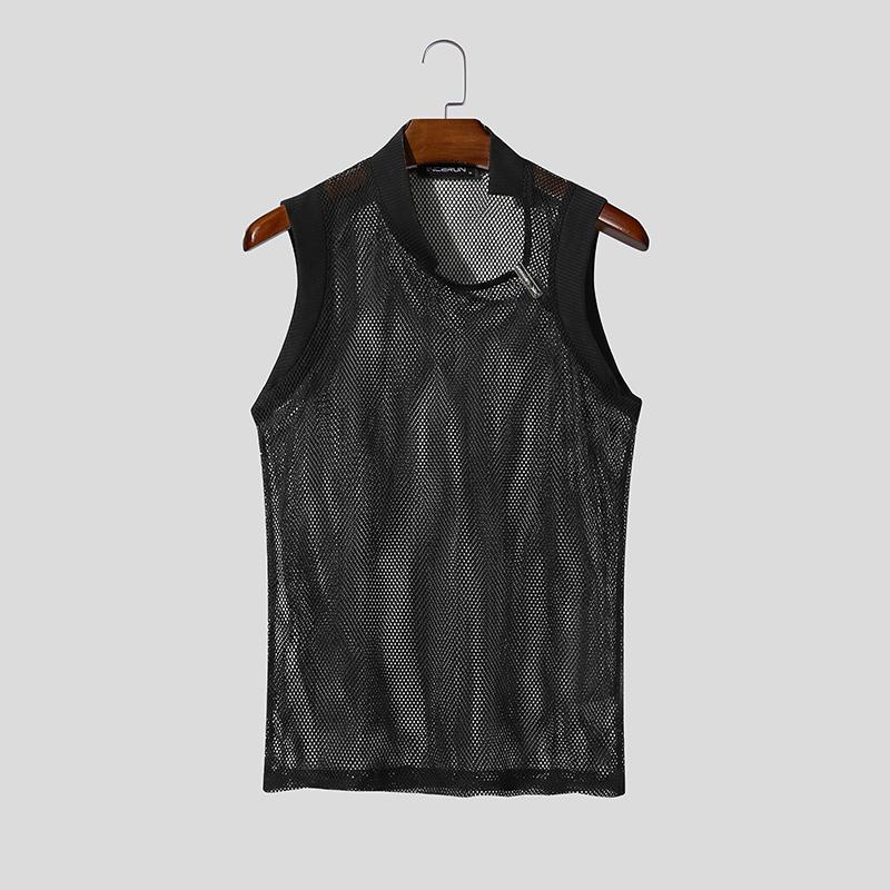 INCERUN Men Cutout Neck Sleeveless Mesh See Through Stitching Tank Tops