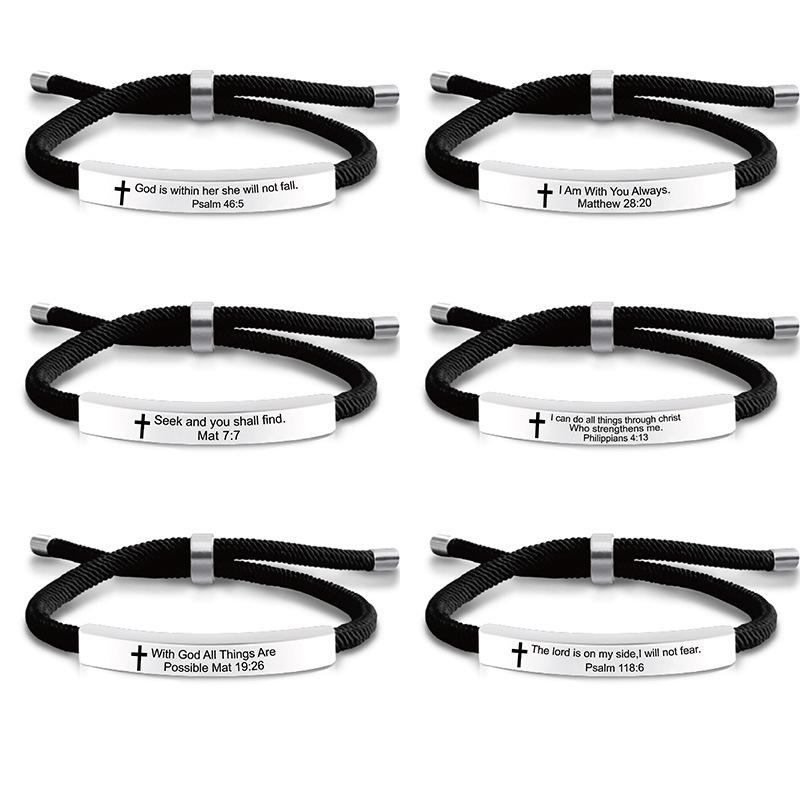 Cross Jesus Scripture Quote Bracelet Christian Bible Verse Engraved Letters Stainless Steel Bracelets Braided Rope Wristband