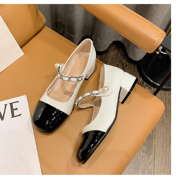 Shoes women's 2025 spring new pearl single shoes retro small fragrant Mary Jane shoes thick heel medium heel small leather shoes