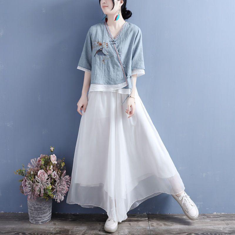 

Женская винтажная рубашка из смеси хлопка и льна с вышивкой, V-образным вырезом и пуговицами из бисера XXXL синий