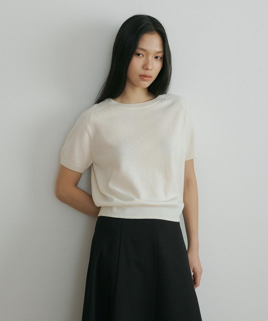 Lingseoul Wool Round Neck Half Sleeve Knit Top-Cream