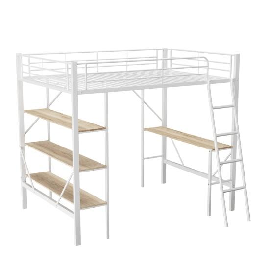 Metal Bed Strong Carrying Capacity with Computer Desk Storage Shelves Ladder Iron Frame Children Bunk Fall Protection Grilles Home Furniture Loft
