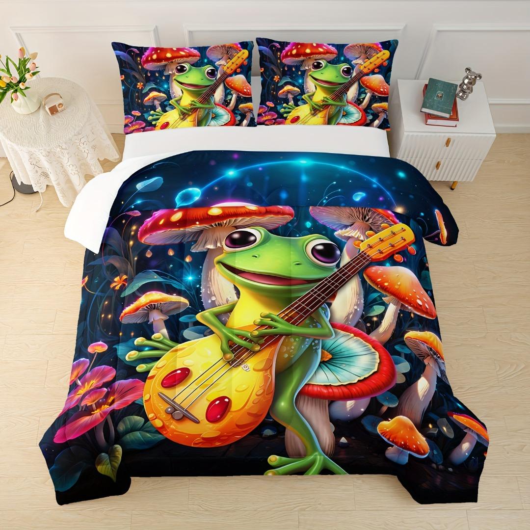 

Милый лягушонок, играющий на гитаре, Комплект одеяла Botanica Mushroom, Набор постельного белья из 3 предметов, Мультяшное одеяло для декора комнаты US Twin(172x218cm)