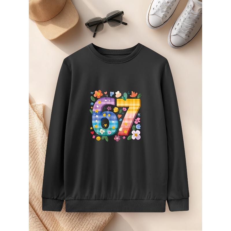 European Sizes Cute Colorful "67" Number Flower Print Playful Kids' Crewneck Sweatshirt