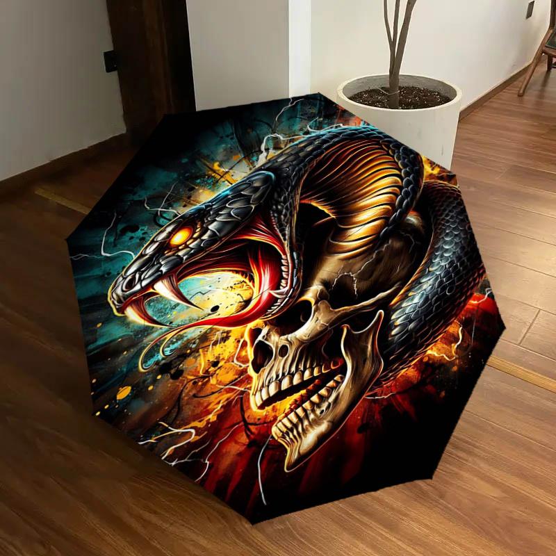 

Rattlesnake Skull Design Automatic Folding Umbrella - Portable 3-Fold Design with Iron Frame, Perfect for Fans, Travelers, Daily Use, and Fe