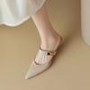 New Plus Size 35-42 Women Kitten Heels Mules Golden Rivet Pointed Toe Summer Sandals Beige Ladies Casual Med Heels Shoes