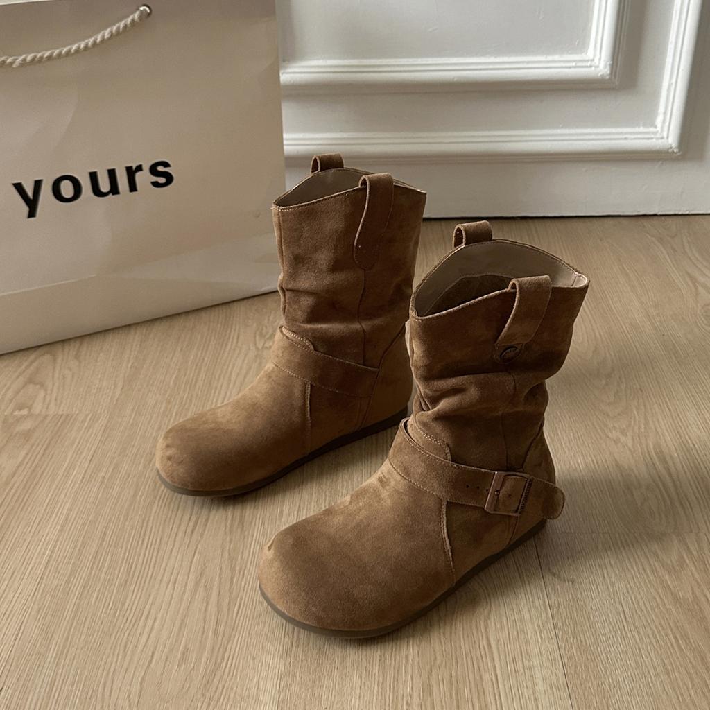 Maillard khaki retro flat bottom inner heightening stack boots women's 2025 new autumn with skirt Birkenstock short boots