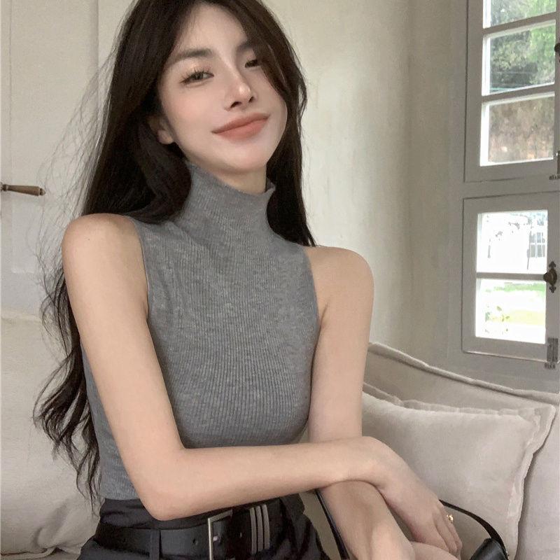 Damen Hot Girl Rollkragen Strick Camisole Sommer Grau Ärmelloses Tanktop Dehnbar Slim Fit Futter Top