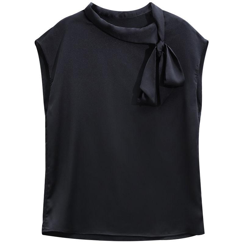 Black Chiffon Summer Blouse Women Sleeveless Bow Tie Slim Fit Casual Elegant Stylish Top