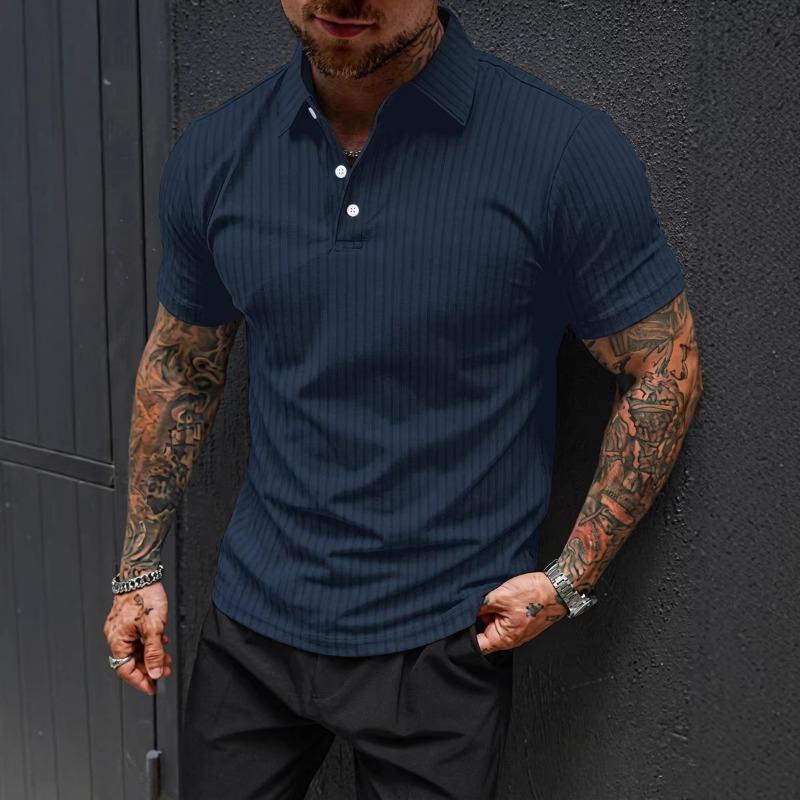 Men's Vertical Striped Textured Polo Shirt Short Sleeve Slim Fit Casual Top