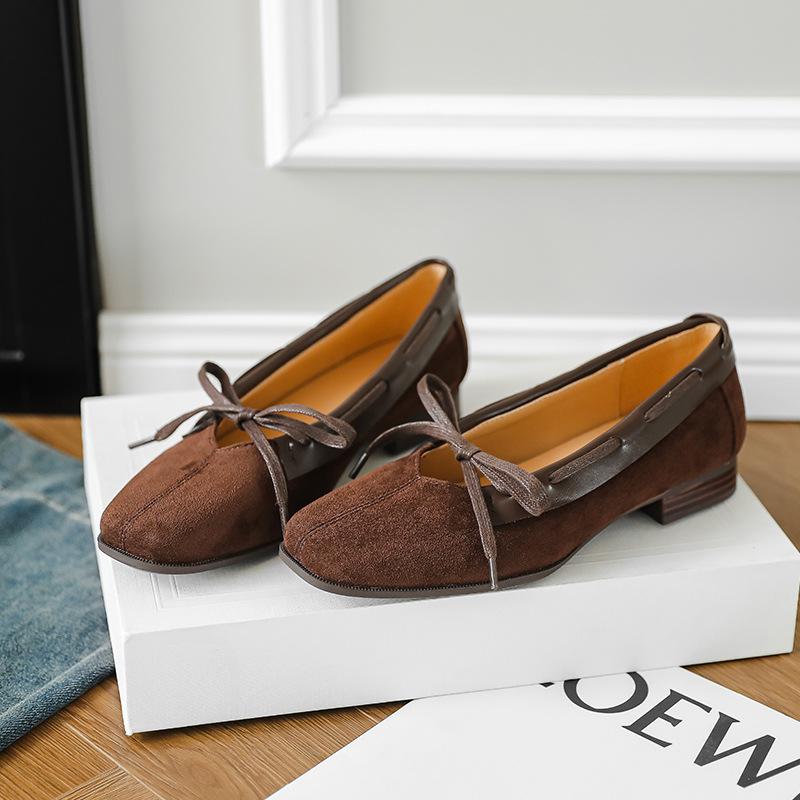 

Ретро замшевые туфли Мэри Джейн в британском стиле, балетки с бантом, туфли-лодочки с мелким вырезом, квадратным носком и на плоской подошве 40 коричневый