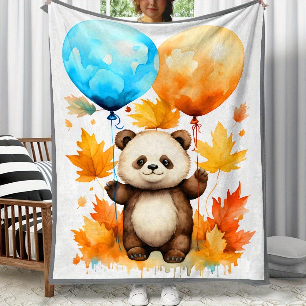 Panda Balloons Autumn Leaves Watercolor Art Fleece Blanket Cute Baby Panda Soft Plush Throw For Kids Room Decor Gift Idea