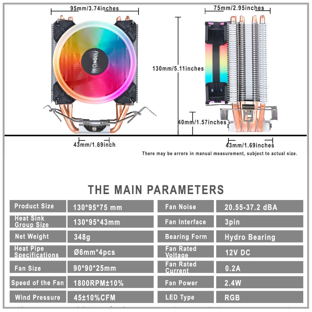 IWONGOU X99 Processor Cooler Am4 4 Heatpipes Radiator IWONGOU 4Pin PWM Cooling CPU 90mm RGB Fan for Intel Lga 2011/1366/1700/AMD