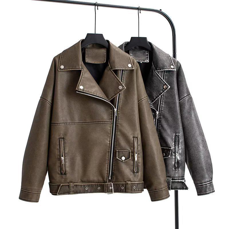 2023 Autumn European & American Style Oversized Washed PU Leather Lapel Jacket for Women