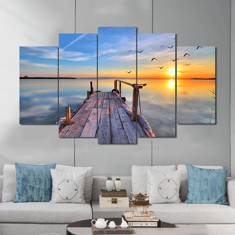 

5 Panels Beach Bridge Posters Wall Art for Living Room Sea Bird Pictures Canvas Painting Home Decor Landscape Posters and Prints 20x35 20x45 20x55cm