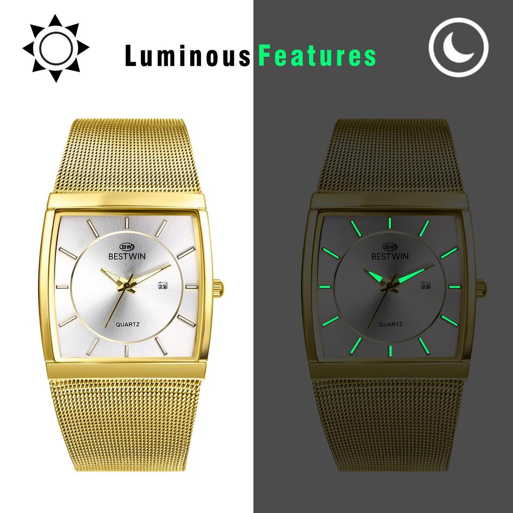 Quadratische Uhr mit Edelstahl-Mesh, Leuchtzeiger, Analog, 3 ATM Wasserdicht, Quarz und modisches Accessoire, perfekt für oder als Geschenk für den Freund, Herrenarmband,