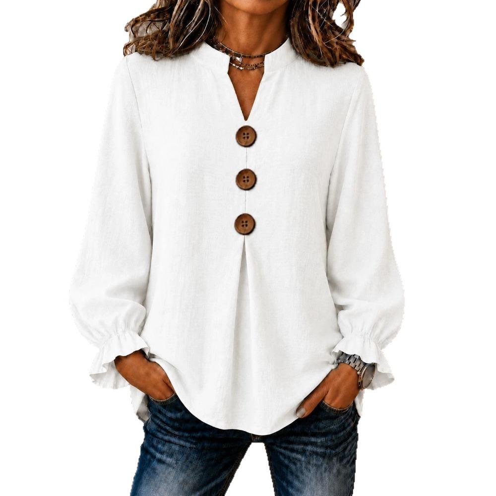 Women Solid V Neck Button Down Long Sleeve Blouse, Fashion Ladies Top for Autumn Winter