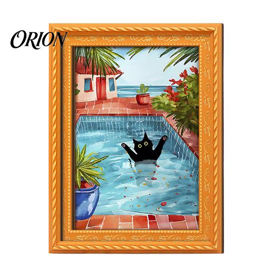 Cat Pattern Magnet Decor Oil Painting Refrigerator Magnet, Wooden Frame Black Decorative Fridge Magnets Theme Retro Rectangle Magnetic Decoration