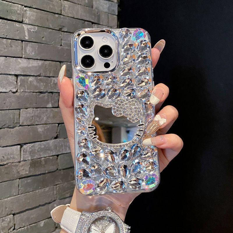 Full diamond mirror, suitable for Samsung A15 mobile phone case S24 luxury makeup mirror S25Edge premium ins women's models