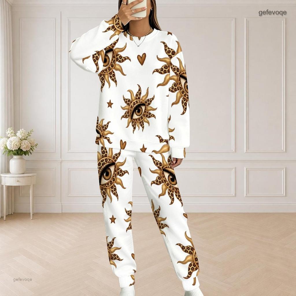 Women Plus Size White Halloween Printed Round Neck Long Sleeve Two Piece Set With Side Pockets