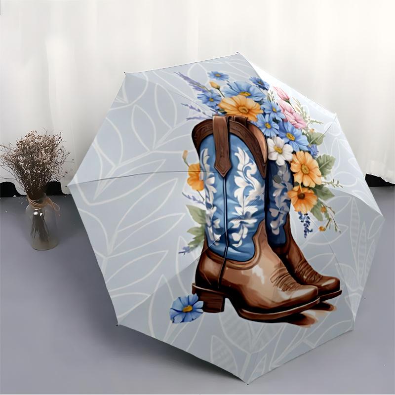 1pc Cowboy Boots Flowers Automatic Open/close Umbrella, 8-Rib sturdy structure, Portable Travel Umbrella, Parties, Everyday Use, Outdoor Accessory f21