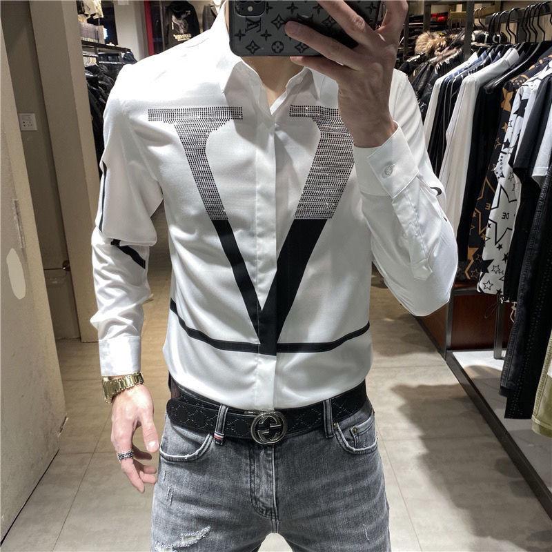 Frühling Herbst Persönlichkeit Diamanten Brief Druck Hemd Hombre Langarm Casual Mode Alle-spiel Bodenbildung Bluse Männer Top