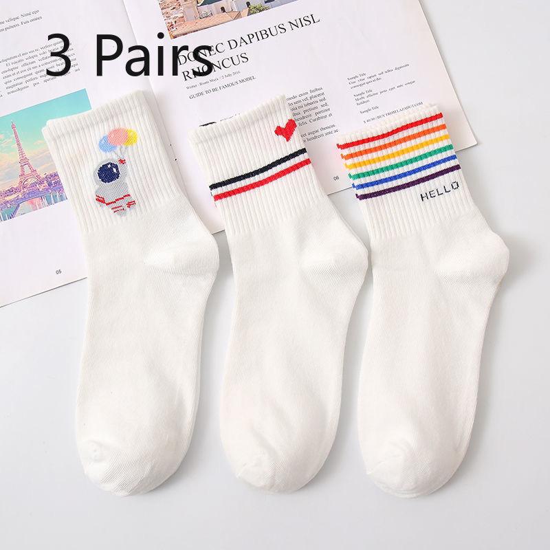 3 Pairs of Female Spring and Autumn Colorful Cute College Style White Student Tube Socks