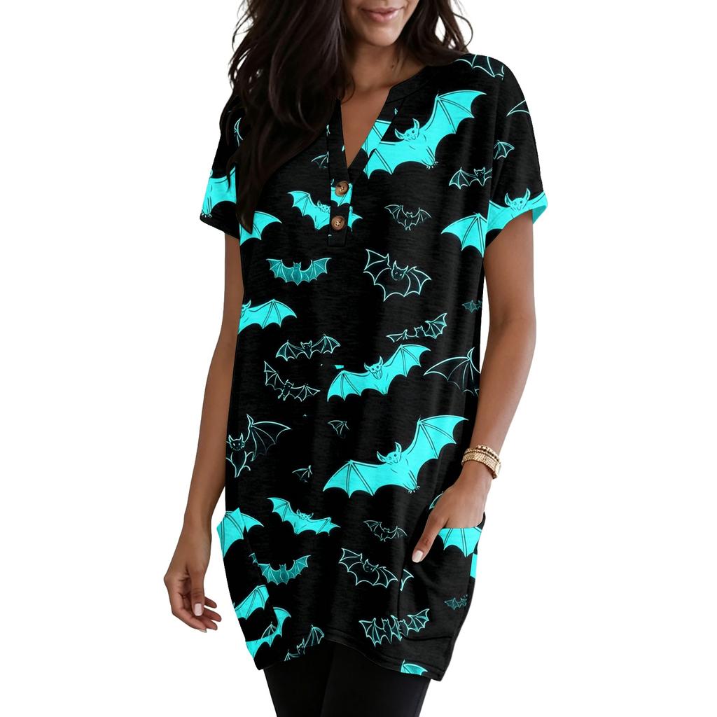 Women’s V Neck Pullover Short Sleeve Top with Halloween Themed Pumpkin and Bat Print Loose Fit Tunic with Pocket Design