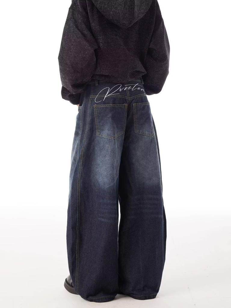 Jeans Larghi Unisex a Vita Media Deostrutturati Vestibilità Larga Vintage Americano Lavato Baggy in Denim Pantaloni Rilassati Lunghi Fino a Terra