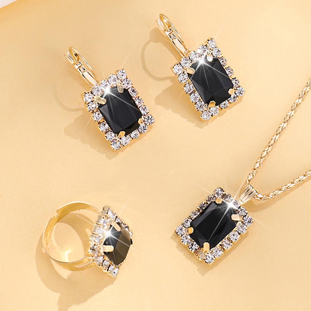 4pcs Women's Zircon Set: Fashionable and casual set with rectangular rhinestone shaped necklaces, rings, and earrings, suitable