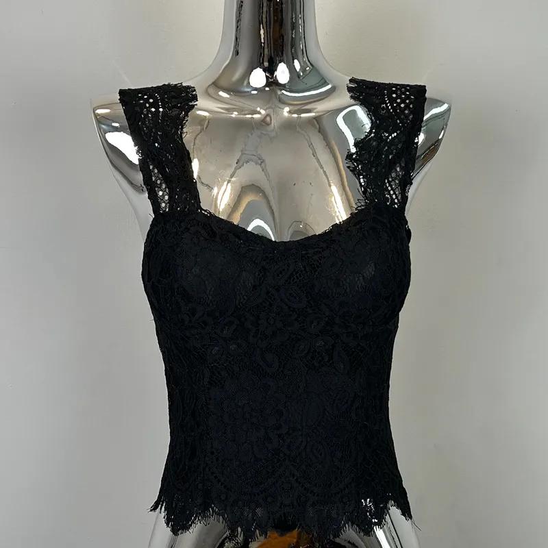 Summer Women's V-Neck Lace Crop Top Sleeveless Eyelash Lace Bustier Sweetheart Neck Camisole